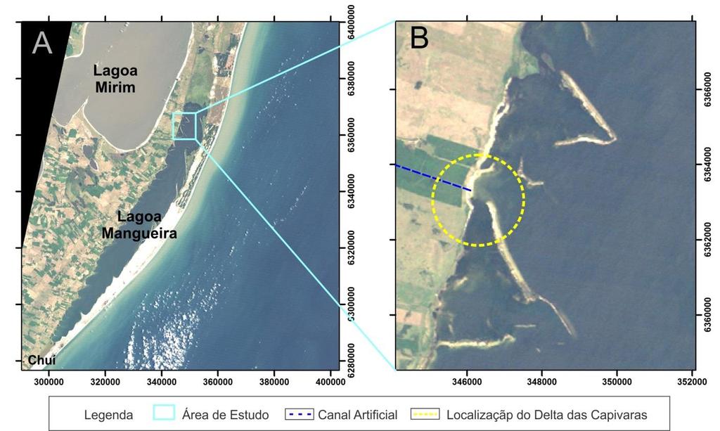 44 Figura 21: (A) Imagem Landsat da Lagoa Mangueira e delimitação da área de estudo; (B) Detalhamento da área do Delta das Capivaras formado pelo