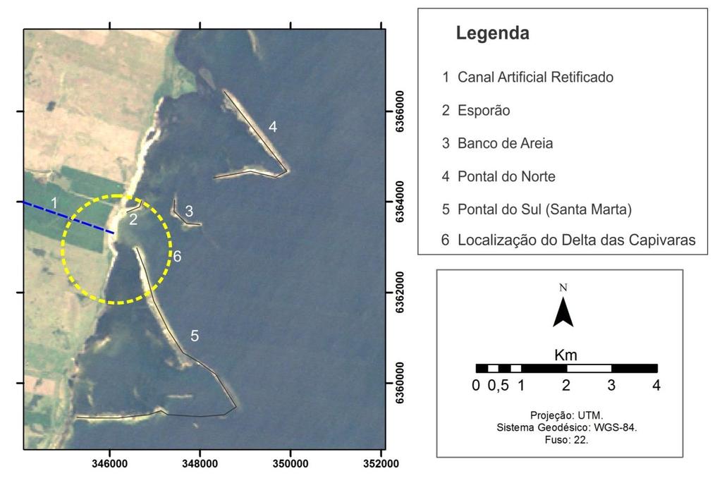 48 Figura 25: Detalhamento da área do Delta das Capivaras formado pelo deságue do canal retificado (em azul) pela prática da orizicultura e a localização dos pontais, esporão e banco de areia que