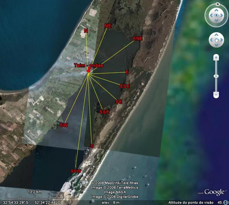 direções de ondas. Depois calculou-se as distâncias das pistas com o auxílio da régua do próprio Google Earth (Tab. 13), e atribuida uma profundidade média de 3 m.
