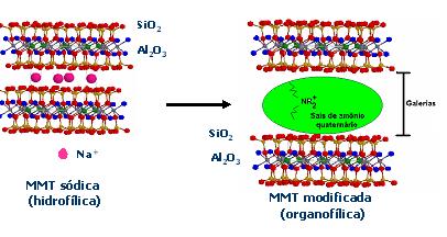 Para tanto, são utilizados sais orgânicos, usualmente sais de amônio quaternários organofílicos, que substituem os cátions inorgânicos entre as lamelas da MMT e vão facilitar
