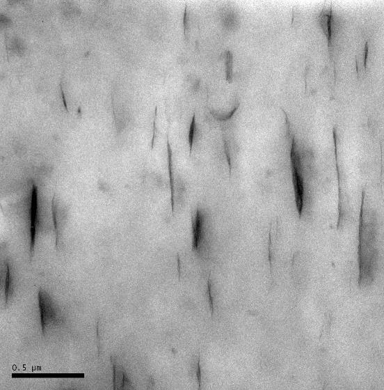 Estruturas de C10A alongadas 500 nm 200 nm C) (92,3,5) P=0,6 D) (92,3,5) P=0,6 Figura 15 Imagens de MET dos nanocompósitos de SBS/MMT/SBS epox13,9 mol%,