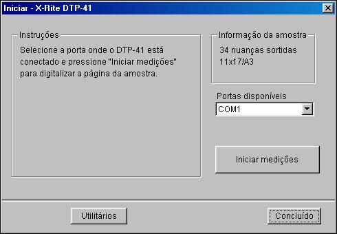 CALIBRAGEM 50 14 Se necessário, selecione a porta COM apropriada para o DTP41 no menu Portas disponíveis e, em seguida, clique em Iniciar medições.