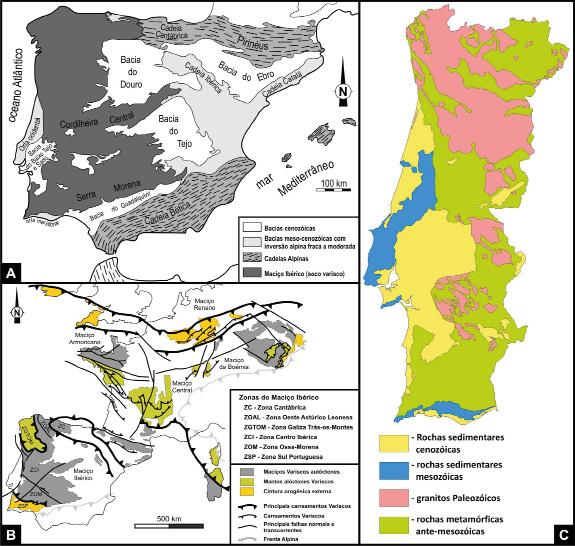 42 Das estruturas geológicas à edificação de uma Cadeia de Montanhas Do Ciclo das Rochas ao Ciclo Tectónico Figura 6 A) - Unidades morfotectónicas da Península Ibérica (adaptado de Ribeiro et al.