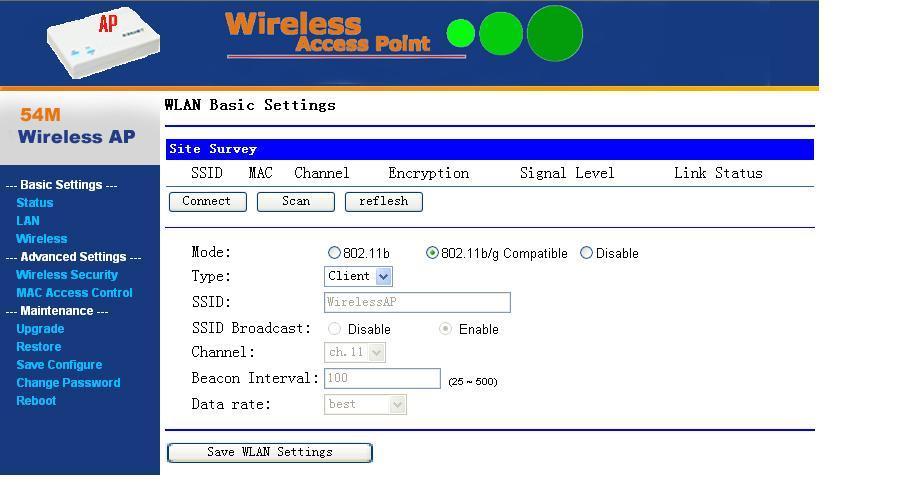 Figura 3-12 Da página Configurações básicas de WLAN do AP, escolha o modo "Wireless Client" [cliente wireless] e clique em "Save WLAN Setting" [salvar