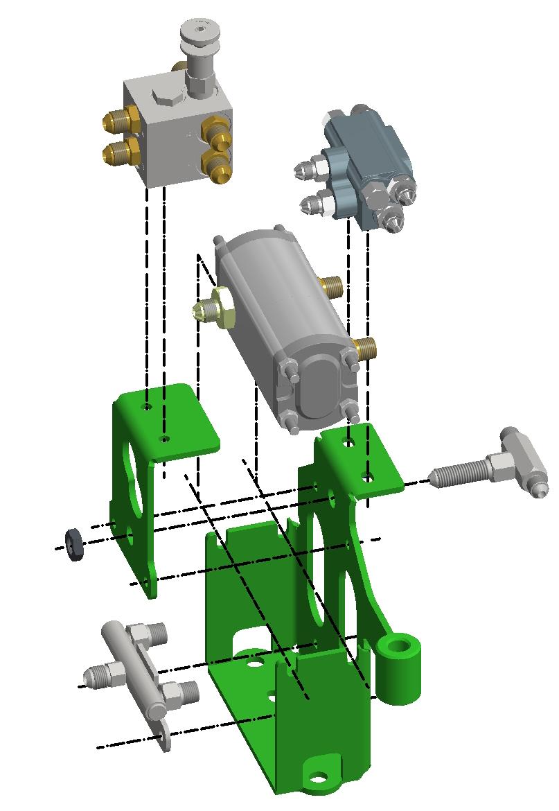 Montagem Montagem da válvula com sistema de turbina para cabeçalho s/ rodado Prenda o suporte () no chassi, utilizando prendedor (), arruela lisa e porca.