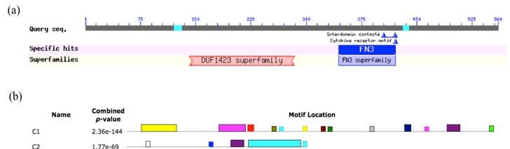 43 conservados, foi possível observar que o EST-contig 1 e o singlet CA00-XX- EA1-019-D02-EC.F apresentaram o domínio conservado DUF1423 (motif 4) característico do gene (Figura 10).