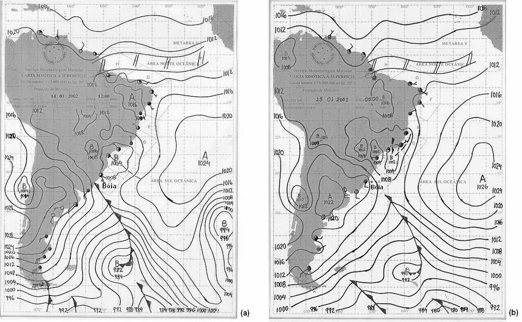 370 Denis Harley Cardoso e Marcelo Dourado. Volume 29(3) Figura 1 Cartas sinóticas de pressão ao nível do mar (hpa) para (a) 14/01/02 às 12 UTC; (b) 15/01/02 às 00 UTC.