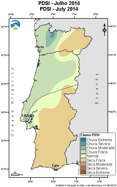 0 Figura 4 Distribuição espacial do índice de seca meteorológica em 31 de julho de 2014 RADIAÇÃO Na Figura 5 apresenta-se a distribuição espacial dos valores da radiação solar global mensal em