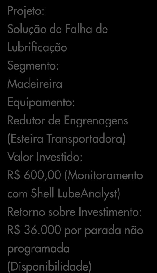 Segmento: Madeireira Equipamento: Redutor de Engrenagens (Esteira Transportadora) Valor Investido: