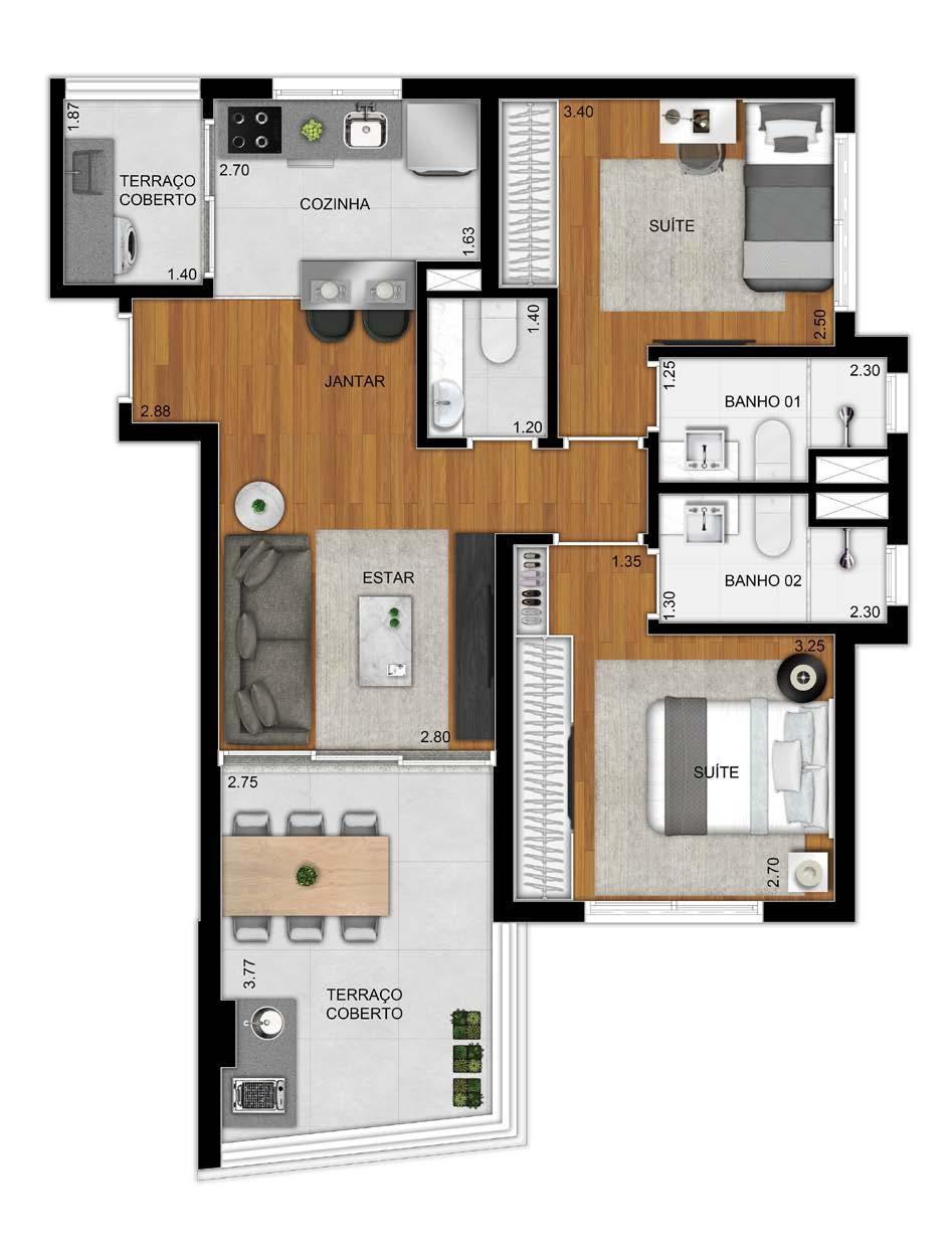 apartamento 69m² (final 4, do 2º ao 12º andar) - 2 dormitórios (1 suíte), ou 2 suítes + lavabo. - 1 vaga determinada. - Depósito privativo. - Cozinha americana.