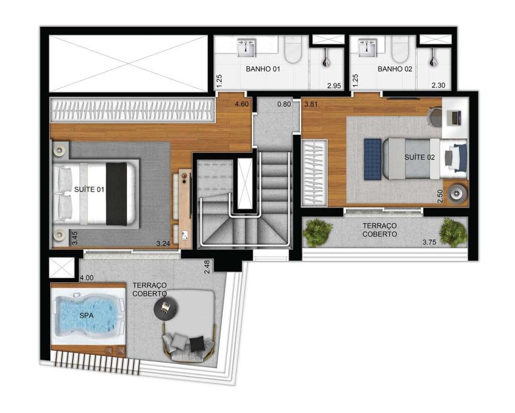 SUPERIOR (entrada pelo piso superior) INFERIOR cobertura duplex 110m² - 2 suítes. - 2 vagas determinadas. - Depósito privativo.