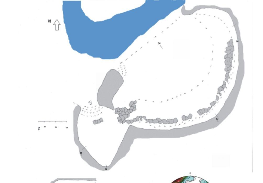 Figura 03: Mapa da caverna estudada com os diagramas das orientações preferenciais das fraturas existentes no interior da cavidade.