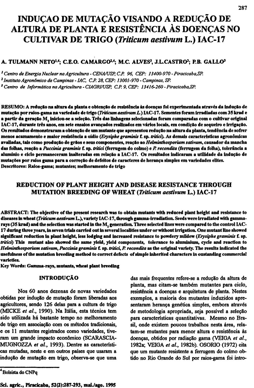 INDUÇÃO DE MUTAÇÃO VISANDO A REDUÇÃO D ALTURA DE PLANTA E RESISTÊNCIA ÀS DOENÇAS NO CULTIVAR DE TRIGO (Triticum aestivum L.) IAC-17 A. TÜLMANN NETO 1,4 ; C.E.O. CAMARGO 2,4 ; M.C. ALVES 3, J.L.CASTRO 3 ; P.