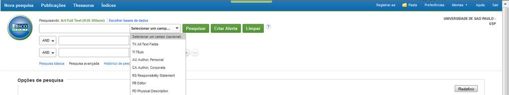 Pesquisa avançada permite escolher campos para pesquisa: autor,