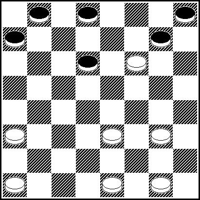 ASA NEGRA 1.C3-D4 H6-G5! 2.G3-H4 D6-E5 3.H2-G3 E5XC3 4.B2XD4 E7-D6 5.G3-F4 G7-H6 6.D4-E5 F6XD4 7.E3XE7 G5XE3 8.D2XF4 F8XD6 Diagrama19-após-8-f8xd6 Posição equilibrada ASA NEGRA 1.C3-D4 H6-G5! 2.G3-H4 D6-E5 3.H2-G3 E5XC3 4.D2XB4 B6-C5 5.