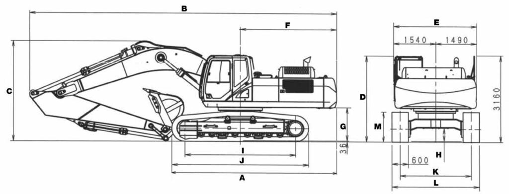 MATERIAL RODANTE Motor da translação Freio Freio de serviço hidráulico Redutor final Velocidades de deslocamento Alta Baixa Força da barra de tração Número de roletes superiores Número de roletes