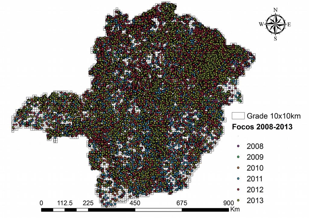 Limítrofes do Estado de Minas Gerais dividido em quadrículas de 10 x 10km, durante os anos de 2008 a 2013. Para melhor interpretação dos resultados, a AFD foi multiplicado por 10000.