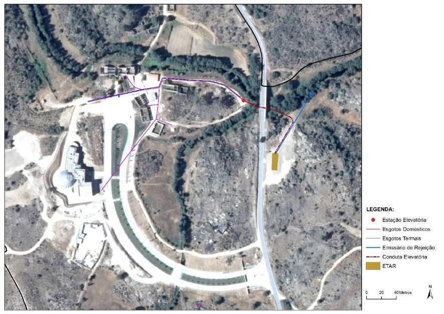 A condução das águas residuais entre a rede de coletores e a ETAR efetua-se através de uma conduta elevatória (PEAD PN10, com diâmetro nominal de 110 mm) que se encontra servida por uma estação