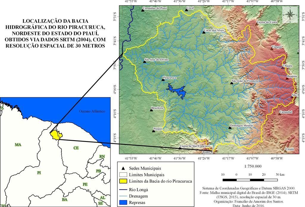 Figura 01. Localização da Bacia Hidrográfica do rio Piracuruca (BHRP), obtido através da extração de bacias via SRTM (USGS, 2015). Fonte: Elaborado por Santos (2016).