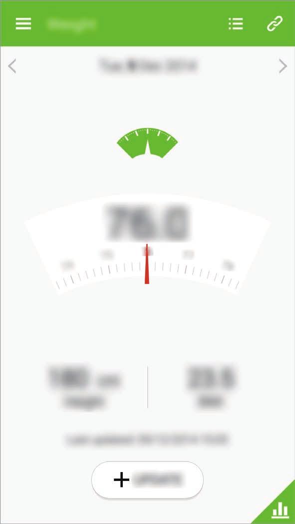 Utilidades Gerir o peso Grave as suas alterações de peso e gira os dados de peso. No ecrã Principal do S Health, toque em Peso. Visualize os registos do seu peso diário.