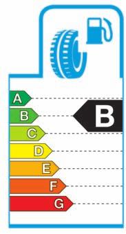 În colțul superior stâng al etichetei sunt trecute 7 clase care se întind de la clasa A (cea mai eficientă) până la clasa G (cea mai puțin eficientă), clasa în care se află anvelopa indică