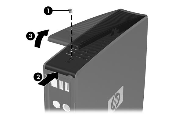 2. Empurre a tampa do compartimento aproximadamente 0,6 cm (1/4 d polegadas) na direção da parte frontal da unidade (2) e levante-a da unidade (3).