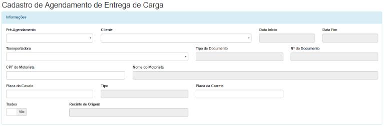 ENTREGA DE CARGA Acesse o menu Agendamento, depois clique em Entrega Carga, em seguida clique no botão Cadastro.
