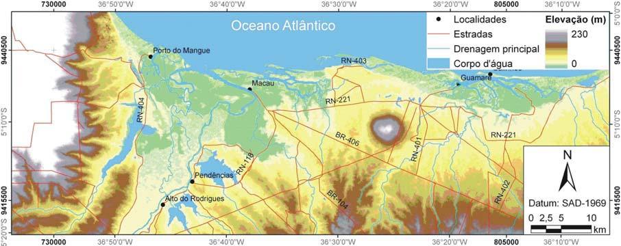 Figura 1 Plani-altimetria da área de estudo com base em dados SRTM e imagens ópticas. 2.2. CONTEXTO GEOLÓGICO A área de estudo está inserida no contexto geológico da Bacia Potiguar.