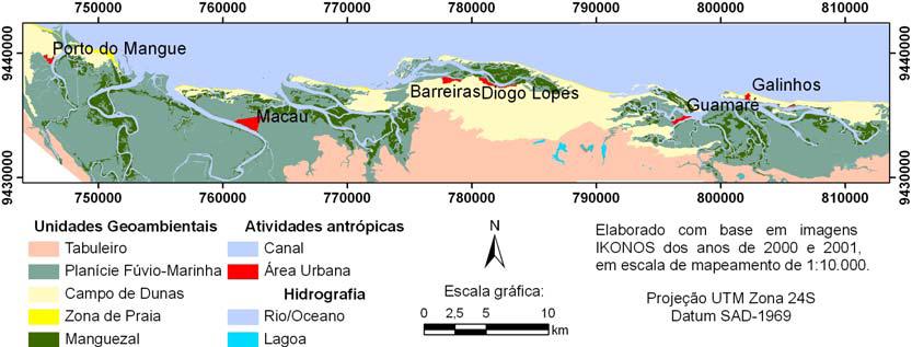As unidades litológicas presentes na área de estudo (Figura 3) correspondem aos carbonatos da Formação Jandaíra (Cretáceo), arenitos das formações Tibau (Terciário) e Barreiras (Tércio-Quaternário),