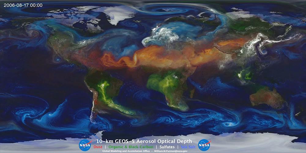 Aerosol optical thickness of black and organic carbon (green), dust (red-orange), sulfates (white), and sea salt (blue) from a 10 km resolution GEOS-5 "nature run" using the GOCART