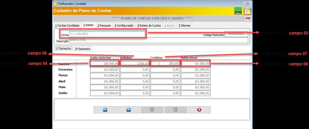 Importante: Serão gerados os saldos por período (mensal) para as contas analíticas que possuem movimentação. Exemplo na geração: I155 1.1.1.01.