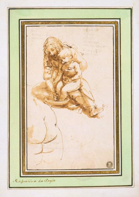 Rapariga lavando os pés a uma criança, estudo separado das nádegas da criança, s.d., de Leonardo Da Vinci.
