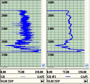 43 Figura 3.6. Suavização dos perfis GR (esquerda) e DT (direita) do poço SLM 2D