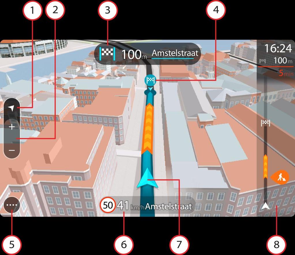 Quando voltar a iniciar a app de navegação depois de a ter fechado e a mesma tiver um percurso planeado, é-lhe apresentada a Vista do mapa com o seu percurso planeado. 1. Botão de vista.