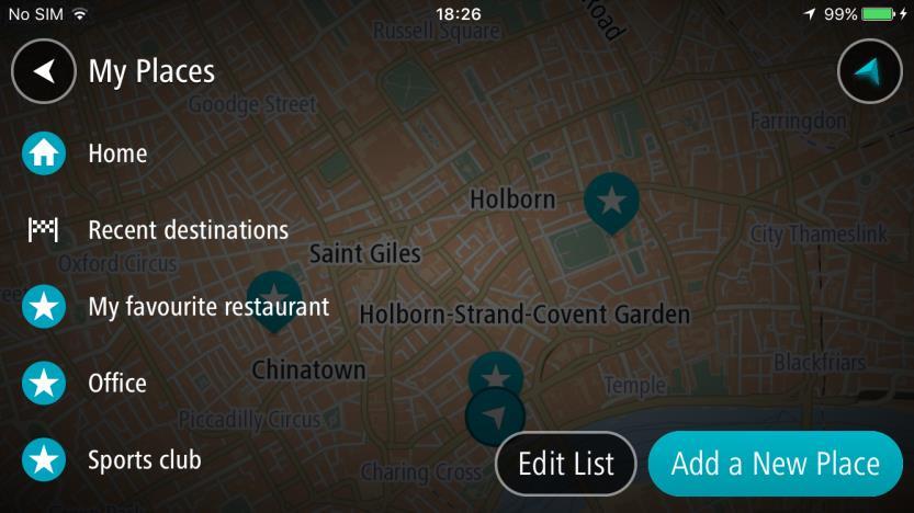 É aberta uma lista de todos Os seus locais. 3. Selecione o Local até ao qual pretende conduzir. O local escolhido aparece no mapa com um menu pop-up. 4.