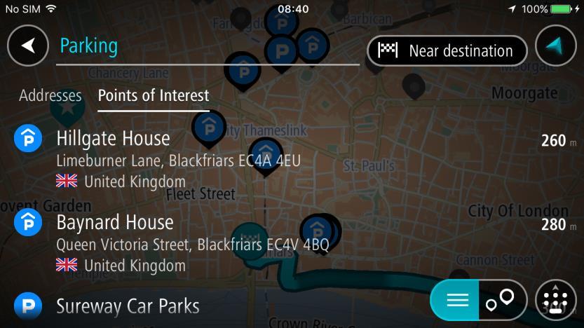 Pode selecionar um parque de estacionamento da lista para o localizar no mapa.