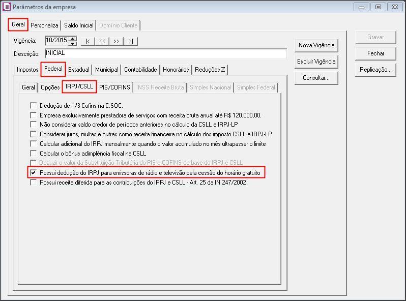 1.5 Avalie as demais informações dos PARÂMETROS e clique no botão [Gravar] para concluir; 2 CONFIGURAÇÃO IMPOSTO; 2.1 Acesse o menu ARQUIVO, clique em IMPOSTOS localize o imposto 7 IRPJ-LP ; 2.