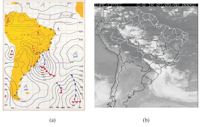 Figura 2 Dia 07/09 (a) Carta Sinótica as 00Z ; (b) Imagem de Satélite as 00Z; O sistema frontal continua se deslocando ao longo do litoral, atinge o Espírito Santo no dia 8 e posiciona-se no sul da