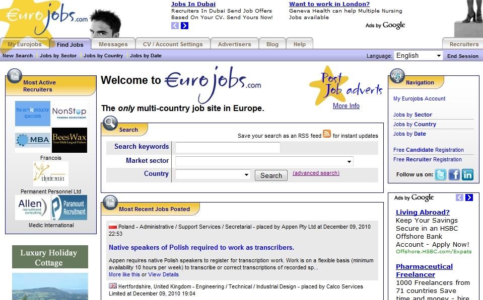 introdução de fotografia e currículo. As pesquisas podem ser efectuadas por emprego, data, sector, país e actividade. Figura 9: Página inicial www.eurojobs.