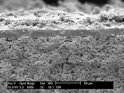 (a) catodo eletrólito camada funcional anodo Figura 2: (a) Micrografia de microscopia eletrônica de varredura das superfícies de fratura da seção transversal de uma célula unitária suportada pelo