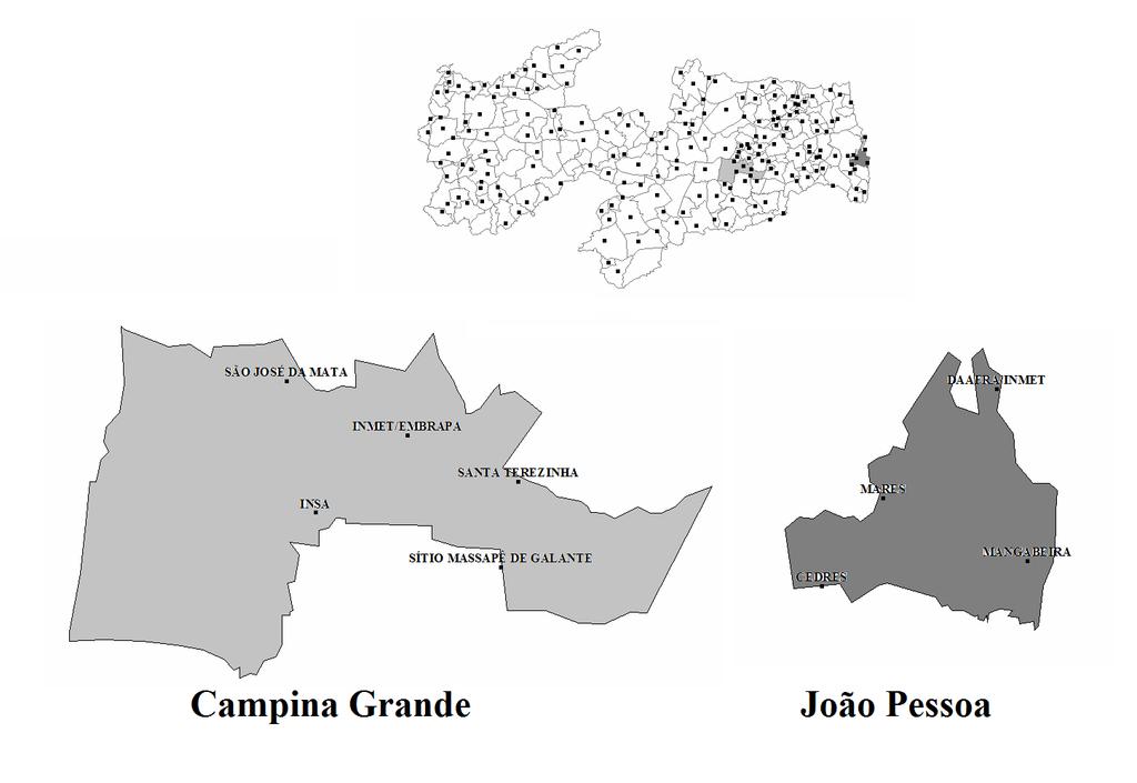 Município Nome do Posto Latitude Longitude ( S) ( W) Campina Grande EMBRAPA/INMET 7,2256 35,9042 Campina Grande INSA 7,2769 35,9652 Campina Grande SANTA TEREZINHA 7,2561 35,8303 Campina Grande SÃO