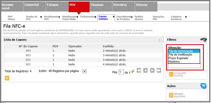 Página:12 O QUE MUDA NO PAINEL EXECUTIVO: Painel Executivo > PDV > Cupons Emitidos >Fila NFC-e 10. PDV- FUNCIONALIDADE DO BOTÃO COMO RESOLVER?