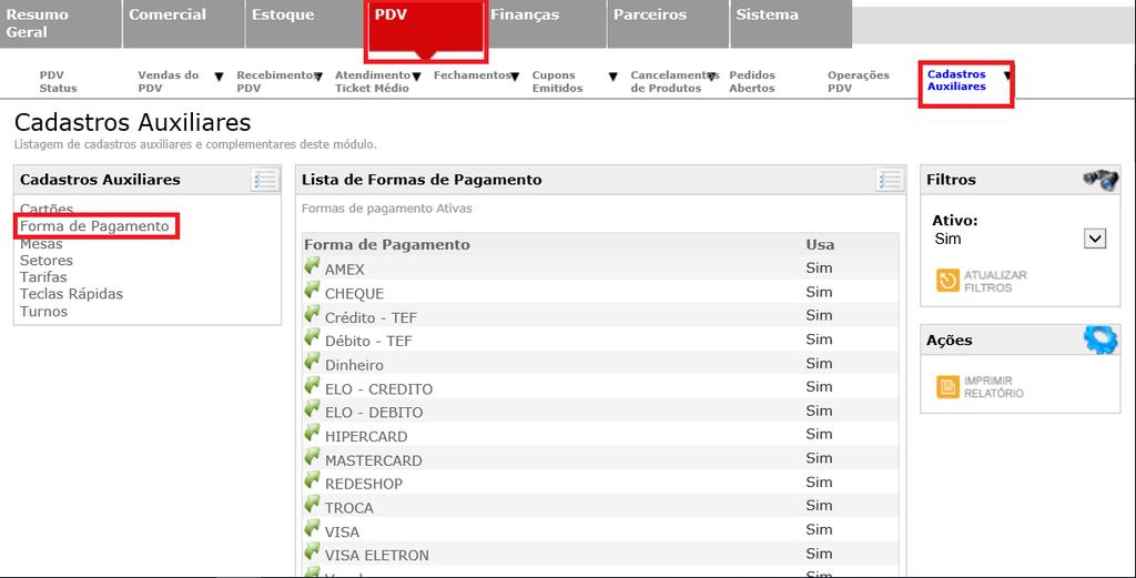 Página:25 Painel Executivo > PDV > Cadastros