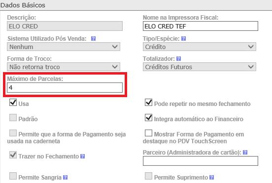 Página:26 O sistema irá exibir tela com o campo máximo de parcelas.