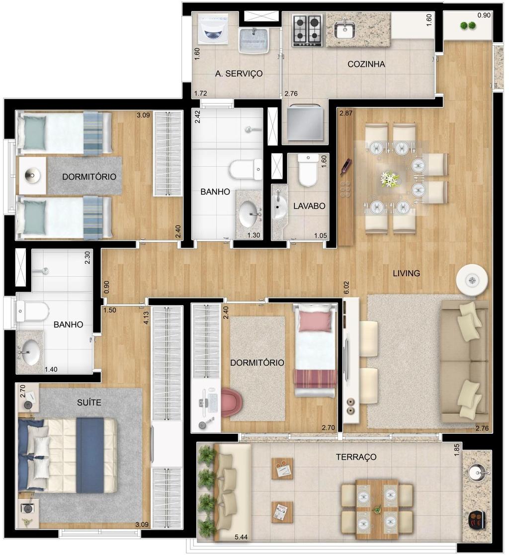 Planta Tipo - 85m² 3 Dorms.