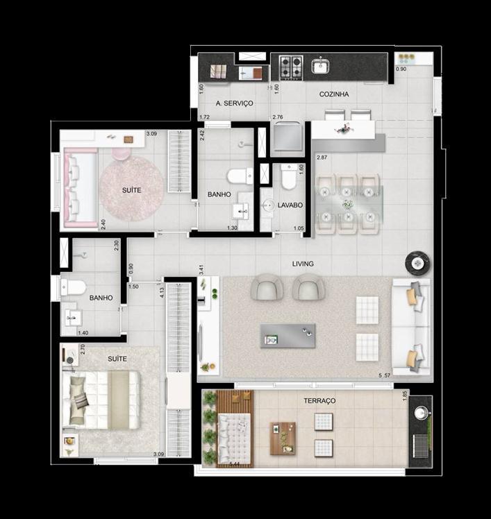 Planta Opção - 85m² 3 Dorms.