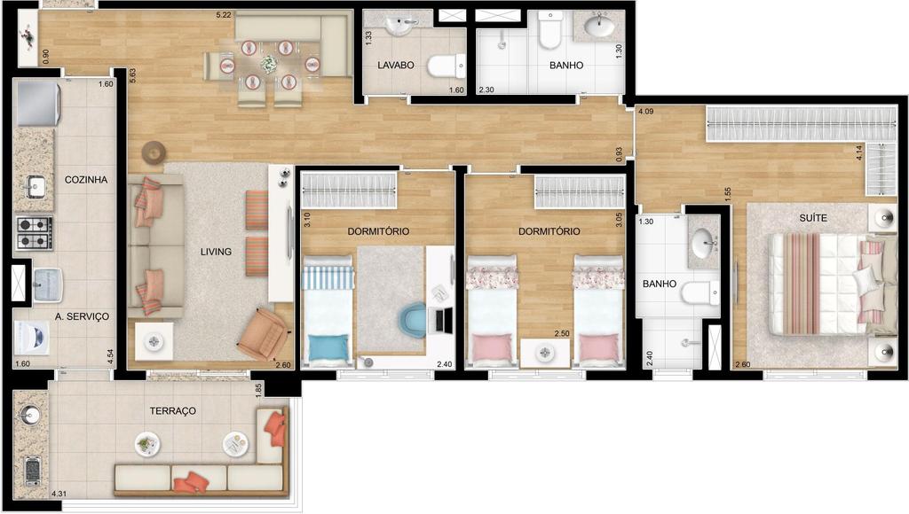 Planta Tipo - 86m² Lavabo 3 Dorms.