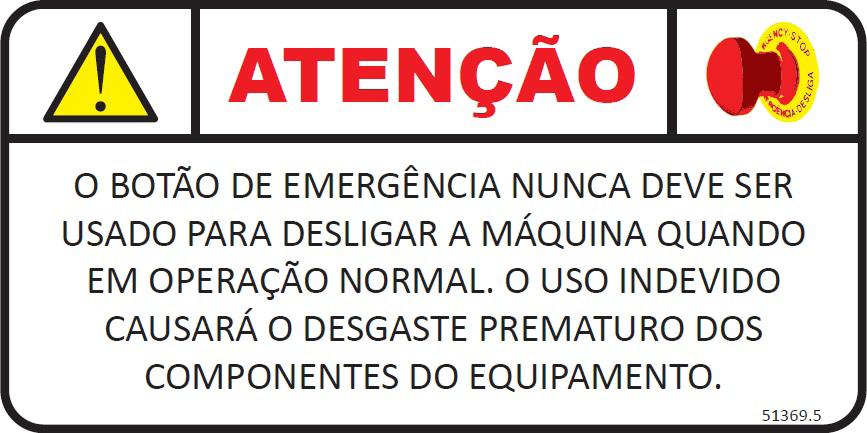 1 - Etiqueta de atenção para não usar o botão de emergência para desligar a máquina em operação normal. 2.