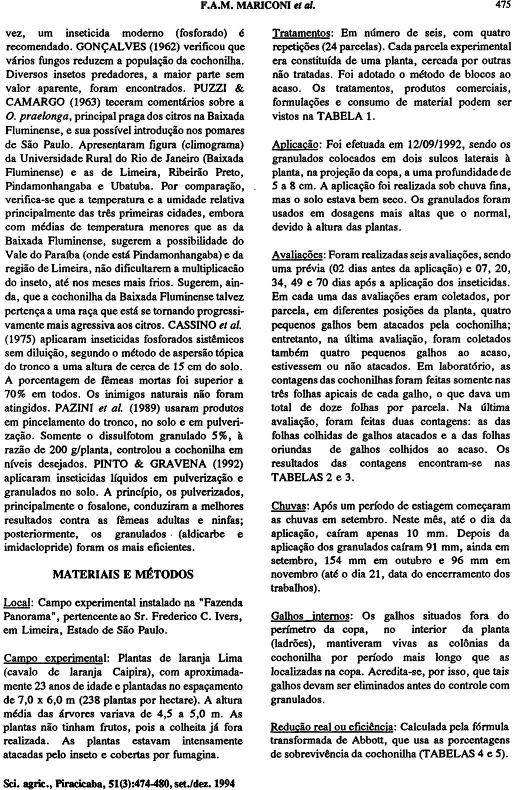 vez, um inseticida moderno (fosforado) é recomendado. GONÇALVES (1962) verificou que vários fungos reduzem a população da cochonilha.