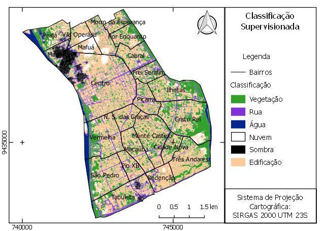 Figura 02 Mapa com a Classificação Supervisionada Os dados levantados a partir do processamento da imagem RapidEye permitiu aferir a distribuição das áreas verdes nos bairros do Centro de Teresina e